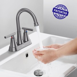 Bathroom Faucets for Sink 3 Hole, Hurran 4 inch Brushed Grey Bathroom Sink Faucet with Pop-up Drain and Supply Hoses, Stainless Steel Lead-Free Centerset Touch On Faucets for Bathroom Sink Vanity RV