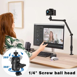 JUBOR Overhead Camera Mount for Desk, Adjustable Camera Arm Desk Mount with 1/4" Screw & 360° Ball Head, 6.6lb Horizontal Load-Bearing, Tabletop C Clamp Stand for DSLR/Webcam/Mini Projector/Light