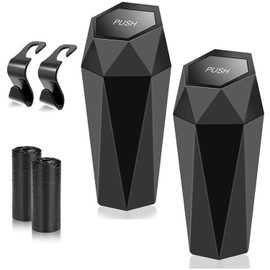 Juego de 2 Mini Cubo de Basura para Coche con Tapa,Cubeta de Basura para Coche,Contenedor de Basuracon 2 Ganchos Adicionales de ABS y 2 Rollos de Bolsas de Basura(Negro)
