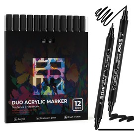 ZSCM 12 Black Acrylic Paint Markers, Dual Fine & Brush Tip Acrylic Pens