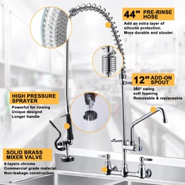 PALUKIA Commercial Faucet with Sprayer Utility Sink Faucet with Sprayer Wall Mount Faucet with Sprayer Industrial Sink Faucet with Sprayer Restaurant Faucet, 43" Height 8" Center 44" Hose 12" Spout