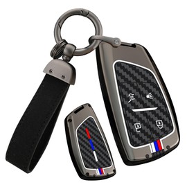 HIBEYO Key Fob Cover Fit for Buick Envision Avenir 2025 Fit for Chevy Suburban Tahoe Fit for GMC Yukon Denali Sierra Silverado Alloy Carbon Fiber Key Shell with Leather Keychains-4 Button Black