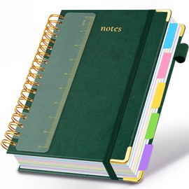 Hardcover Spiral Notebook 8"x10" Journal Notebook with Tabs and Removable Dividers 300 Pages 5 Subject Notebook College Ruled, Faux Leather Spiral Bound Notebook for Women, Students, School Work (Green)