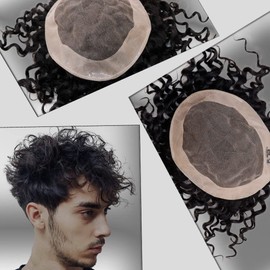 Civmo Curly Fine Mono Human Hair Mens Toupee Hairpiece Poly Skin Around Hair System NPU Monofilament Wig Hair Toupees for Men 7X9 INCH 1B Black Color