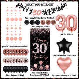 30th Birthday Decorations for Girls, TSVATE Rose Gold Happy 30th Birthday Decorations, Happy 30th Birthday Banner, 30th Birthday Backdrop Yard Door Wall, 30th Birthday Balloons, Pompoms, Star Streamer