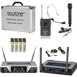 Boytone, UHF Wireless Microphone System, Dual fix Channel Handheld Dynamic Mics/Lapel/Headset/Body Pack, for Home Party, Meeting, Wedding, Church, with Aluminum Carrying case, 110/220 (BT-104UM)