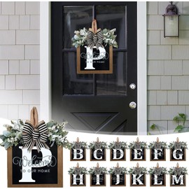 Last Name All Year Wreath Front Door Wreath,Front Porch Decoration 26 Letter Welcome Wreath, Eucalyptus and Bow Wreath for Spring, Summer, Autumn, Winter, Wall Window, Porch Farmhouse Decoration（P）