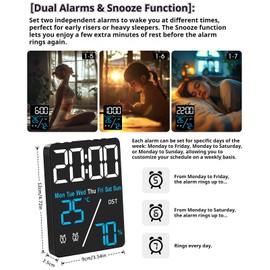 Digital LED Alarm Clock with Thermo-Hygrometer,Dual Alarms,Snooze,Date & Year Display,12/24 Hour Switch,Weekdays,DST,Auto Dimmable with 3 Brightness Levels,USB Output (5V1A) (White+Blue Digits)
