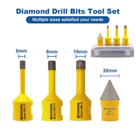 HIGHDRIL Diamond Drill Bit Set - 4pcs (6/8/10mm+20mm Chamfer Bit) Diamond Hole Saw Kit with 5/8-11 Thread for Ceramic Porcelain Tile Granite Marble Brick Dekton
