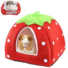 Bodeshis 1 Pack Guinea Pig Bed, Strawberry Guinea Pig House Cozy Winter Warm Nest With Removable Pad, Non-Slip Hideout For Hamster, Chinchilla, Gerbil (Red, 24x24cm)