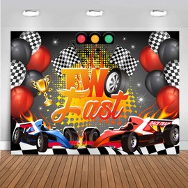 Mocsicka Two Fast Birthday Backdrop Race Car 2nd Birthday Decorations for Boys Red Black Racing Car Banner for Kids 2 Fast 2 Curious Birthday Decorations 2nd Birthday Background Photo Booth