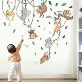 Baby Animals Wall Stickers for Nursery: Kids Boys Bedroom Classroom Daycare Wall Decals - Jungle Animals Climbing Tree Fox Giraffe Monkey Sloth Koala