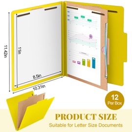 12 Pcs Classification Folders 1 Divider 2 Inch Expansions Heavy Duty 2 Prongs Fastener Pressboard Classification File Folder for Employee Standard Medical File Document Office(Yellow)