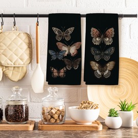 FSTCSV Black Moody Butterfly Kitchen Towels Set of 2, Dark Academia Hand Towel, Dark Vintage Butterfly Decorative Tea Dish Towels for Kitchen, Vintage Moody Bathroom Decor, 16x24in
