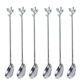 Runseaway 6PCS 6.5 Inch Leaf-Design Coffee Spoons, Long Handle Stainless Steel Stirring Spoon, Silver Teaspoons Mixing Spoons for Tea, Espresso, Ice Cream, Dessert, Cocktail
