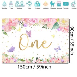 Happy 1st Birthday Backdrop Banner Party Decoration for Girl Happy 1 Year Old Fabric Sign Poster, Floral and Butterfly Photography Background First Birthday Party Supplies, 150x90cm
