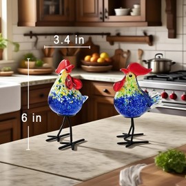 JUYOULE Glass Rooster Figurine：Hand Blown Murano Style Glass Animal Decor, Chicken Lovers Gifts for Kitchen, Farmhouse, and Home Decorations，Blue