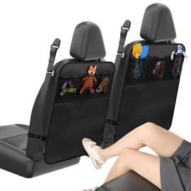 Carreuty Pack of 2 Black Car Seat Organiser, Backrest Protection Car Children with Multifunctional Bag, Waterproof Car Seat Protection Back for Back Front Seats, 45 x 59.5 cm