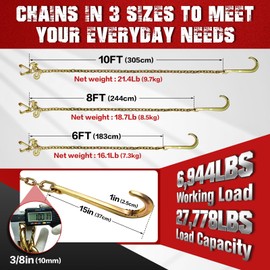 USYATO 3.15 Ton (6,944Lbs) J Hook Towing Chain,3/8in X 10FT G80 Recovery Chain with 15in J Hook,RTJ & Grab Hooks,12.6 Ton (27,778Lbs) Breaking Strength,Heavy Duty Tow Equipment,Car,SUV,Truck,1PC