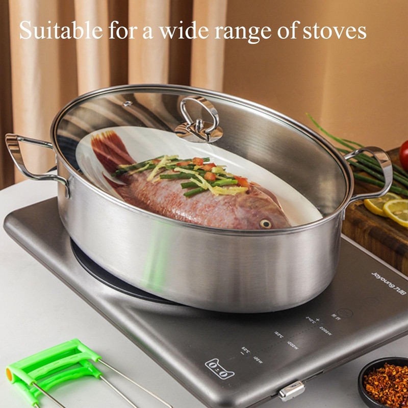 Stainless Steel Fish Steamer Set,Multi-Use Oval Steamer Pot with Glass