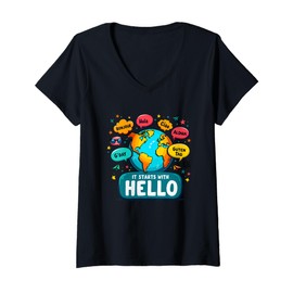 Womens It Starts With Hello Friendship Inclusion Language Teacher V-Neck T-Shirt