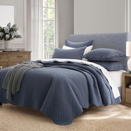 HORIMOTE HOME 100% Cotton Quilt Queen Size, Steel Blue Soft Lightweight Cotton Bedspread 3 Pieces Scalloped Edge Geometric Stitching Quilt Bedding Set with 2 Shams for All Season, 90 x 96 inches