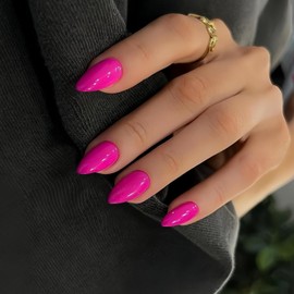 KQueenest Hot Pink Press on Nails Short Almond, 30 Pcs Thick Short Fake Nails Acrylic, Fushia Solid Color False Nails Press on, Natural Short Almond Nails Glue on, Reusable Stick on Nails For Women