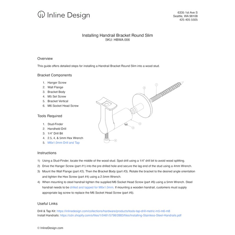 Inline Design Round Slim Stainless Steel 316 Handrail Bracket (Matte