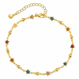 18K Gold Plated Anklet, Adjustable Bohemian Pentagram Coloured Zirconia Anklet, Beach Holiday Jewellery For Women