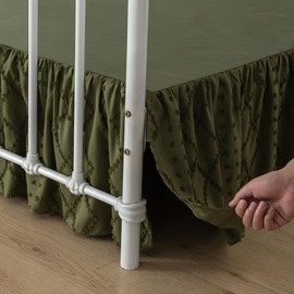 Bed Skirt Queen Size Ruffled Bed Skirt with Split Corners, 12 Inch Drop Dust Ruffle Bed Skirts with Platform, Boho Tufted Shabby Chic Queen Size Bed Skirts, Olive Green