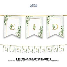 Happy Eid Mubarak Bunting Party Flags - Eid Decorations - Decor Banner Partyware - (Green Gold) Forest Leaves Letter