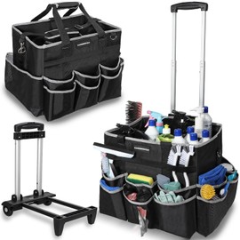 Large Rolling Cleaning Caddy Bag, Cleaning Caddy with Wheels with Detachable Trolley for Housekeepers, Water Resistant Cleaner Supplies Organizer with Wheels for Kitchen, Car, Picnic (Black-Grey)