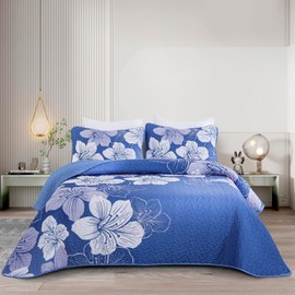 DJY Gradient Blue Quilt Set King 3 Pieces Floral Summer Bedding Quilt Set Soft Boho Botanical Bedspread with 2 Pillow Shams Lightweight Flower Quilt Coverlet Set for All Season 104''x 90''