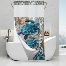 Final Friday Green and Teal Sea Turtles Theme No Hook Waffle Weave Shower Curtain with Snap in Liner Nautical Beach Bathroom Blue Ocean Decor Set 36 W x 74 H Inch Teal