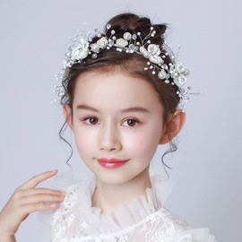 IYOU Flower Girl White Heapiece Pearl Bridal Hair Accessories Prom Communion Hair Accessories for Women Girls