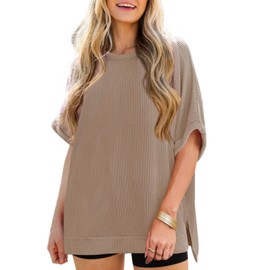 COMBEME Womens Oversized Tshirts Batwing Short Sleeve Tunic Tops Ribbed Loose Fit Split Hem Tee Shirts Light Coffee
