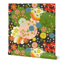 Removable Wallpaper Swatch - Cosmic Flowering Retro Flowers Vintage Psychedelic Groovy Hippie Mushrooms Stars Rainbows Garden Custom Pre-Pasted Wallpaper by Spoonflower