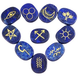 KYEYGWO Lapis Lazuli Oval Crystal Rune Stone with Engraving Golden Gypsy Symbol, Gemstone Rune Stones Set Worry Stone Pocket Stones for Decoration Meditation Divination Pack of 10