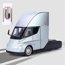 EROCK Semi Truck Model Toy Truck Trailer for Boys,Metal Die-cast Semi Truck Head with Light/Sound/Pull Back Function, Semi Truck Toys for Kids or Adults Gift (1:24 Silver Semi Truck)