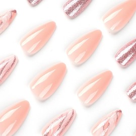 Pink Press on Nails Medium Almond Fake Nails Glitter False Nails with Designs Marbling Acrylic Glossy Full Cover Glue on Nails Press ons Cute Artificial Stick on Nails for Women Nails Decoration 24Pcs