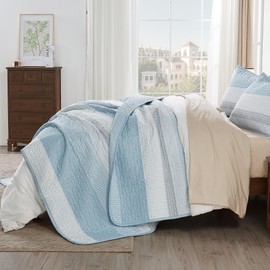 Andency King Size Quilt Set Aqua Blue, 3 Pieces Summer Ultra Soft Lightweight Bedspreads & Coverlets Set, Patchwork Striped Quilted Bedding Sets for All Seasons (1 Quilt, 2 Pillow Shams)