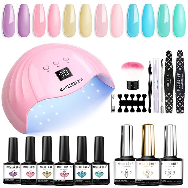 Modelones Gel Nail Polish Kit with Light 48W LED Nail Lamp Pastel Summer Gel Nail Kit Soak Off Gel Polish with Top and Base Coat French Manicure for Starters DIY Home Gifts for Women
