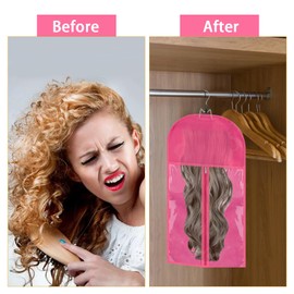 Hair Extensions Storage Bag with Hanger, Dustproof Bag Hairpieces Storage Holder Portable Wigs Carrier Case Hair Extension Travel Bag with Anti-Slip Hair Hanger for Store Style Hair Daily Use, Rose