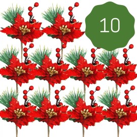 Banberry Designs Poinsettia Christmas Picks-Holiday Sprays Red and Gold Trimmed Poinsettias #3369