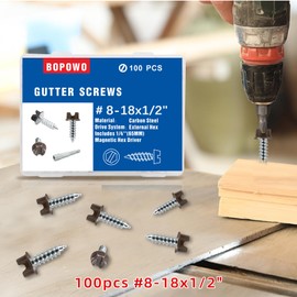 BOPOWO 100 Pcs #8-18x1/2 Self-Tapping Gutter Screws Brown Painted Slotted Hex Washer Head #8-18x1/2 Zinc Plated Finish, Includes 1/4" Magnetic Hex Driver – for Gutter Install