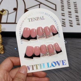 TENPAL Handmade Duck Nails Press on,Pink & Black French Tip Duckbill Tips with Rhinestone Edge,10PCS Glossy Glue on Nails Kit,Glitter Acrylic False Nails with Design,Y2K Punk Fake Nail for Women(M)