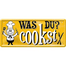 Blechschild Funny Saying "Was Du Cooksts" Decorative Kitchen Metal Sign Entrance Door Humour Chef Cooking Funny Gift for Birthday or Christmas 28 x 12 cm