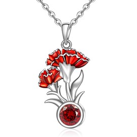 Birth Flower Necklace January Birthstone Carnation Flower Necklace for Women Sterling Silver Carnation Pendant Floral Jewelry Mothers Day Birthday Christmas Gifts