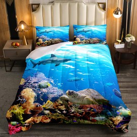 Erosebridal Sea Turtle Comforter Set Twin Size,Shark Bedding Set,Ocean Animals Fishes Down Comforter,Tortoise Rainbow Coral Duvet Insert,Home Textiles Comforters for Teens Boys Girls