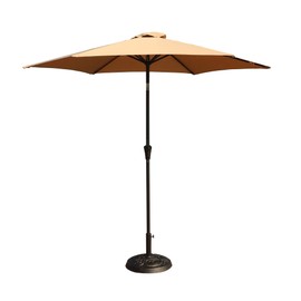 YYWAN Sturdy Aluminum Market Umbrella taupe Colour 33 lbs Round Resin Base Push Button Tilt & Crank lift 8.8ft Outdoor Patio Shade